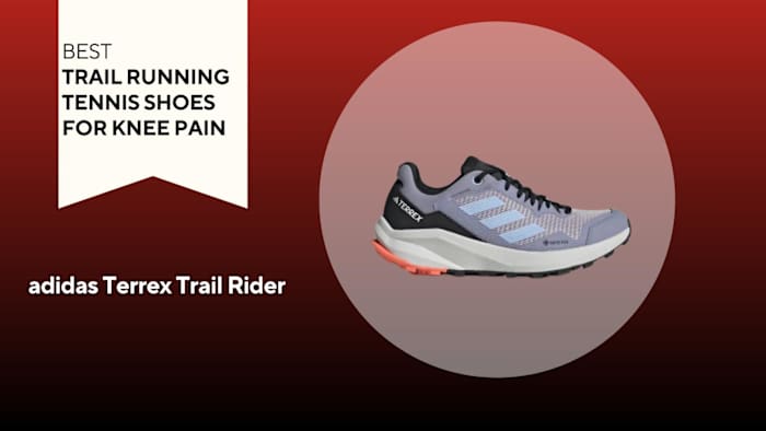 An image of an adidas Terrex Trail Rider shoe against a red background.